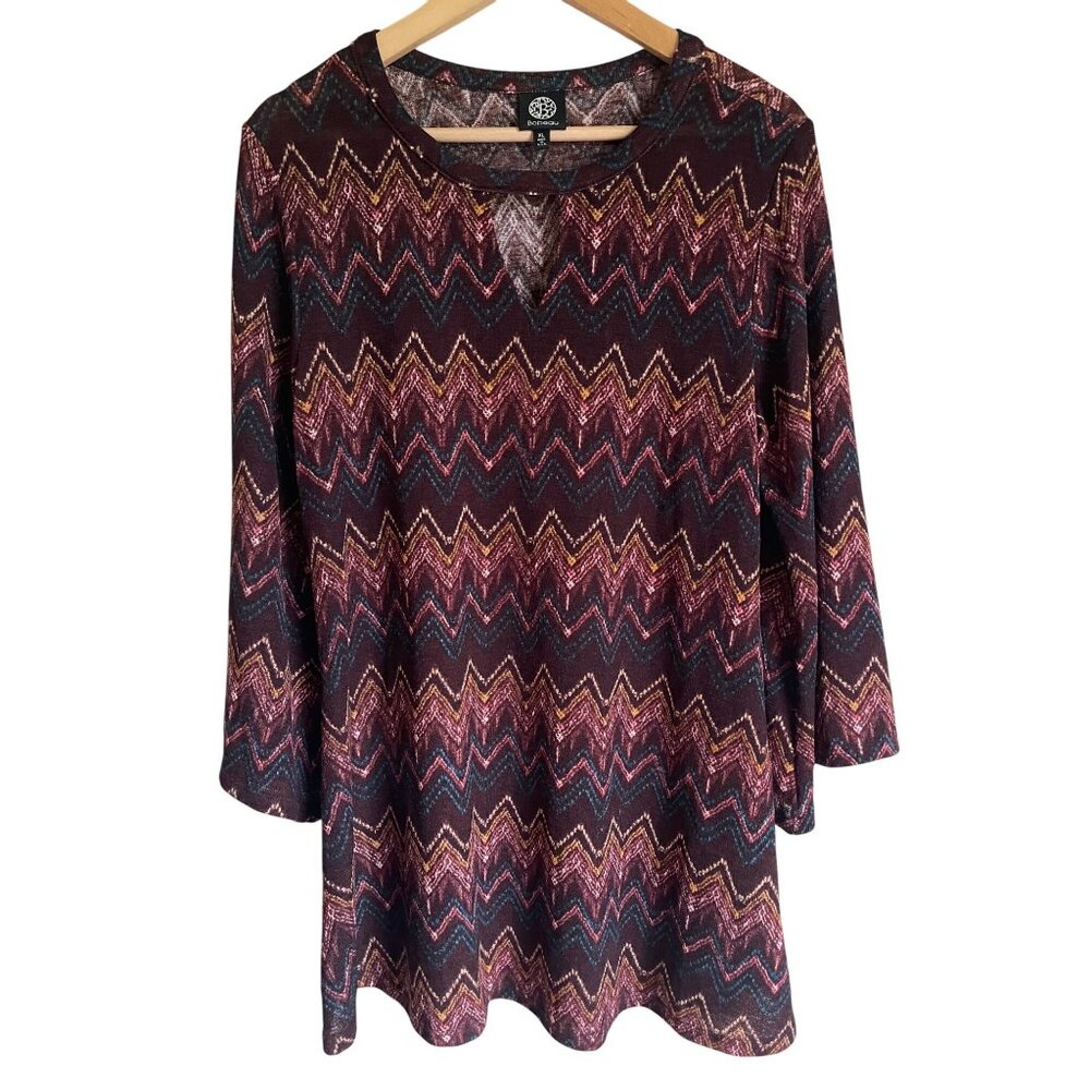 Bobeau Bell Sleeve Tunic Top Chevron Brown Purple Retro Mod Keyhole Neck Top Siz